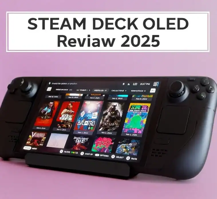 Steam Deck OLED handheld gaming console with vibrant display and customizable controls, ideal for digital gaming enthusiasts.