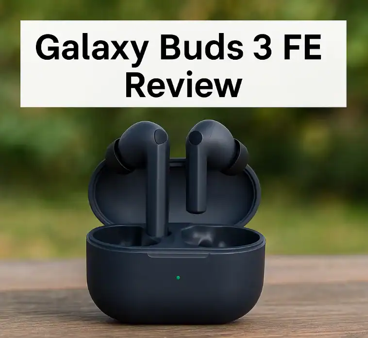 Galaxy Buds 3 FE wireless earbuds in a charging case, accessible and portable audio technology for premium sound quality.