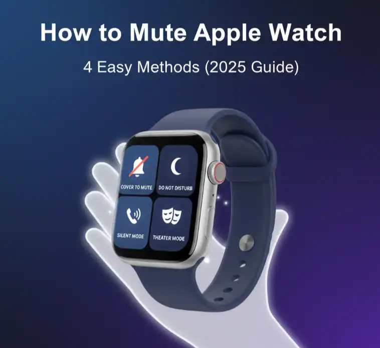 Mute Apple Watch guide with 4 easy methods for 2025, featuring screen options like Cover to Mute, Do Not Disturb, Silent Mode, and Theater Mode.