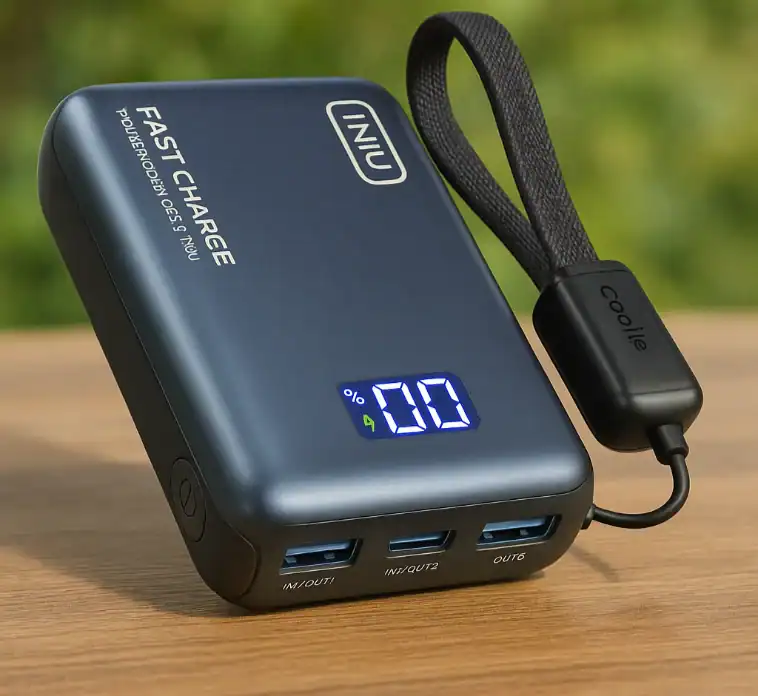 Power bank with fast charge, portable charging device with digital display, multiple USB ports, compact design for on-the-go charging, ideal for smartphones and gadgets.