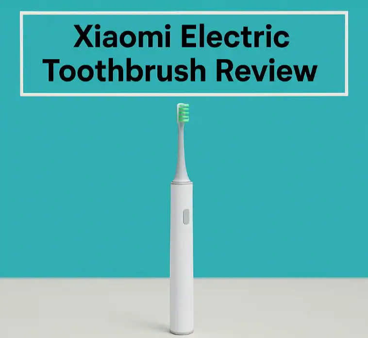 Xiaomi electric toothbrush standing upright with review text overlay, showcasing sleek design and advanced oral care technology.